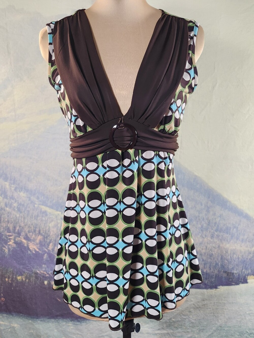 Y2K Empire V-Neck Mod Tunic Brown Blue Green Going Out Top Medium M